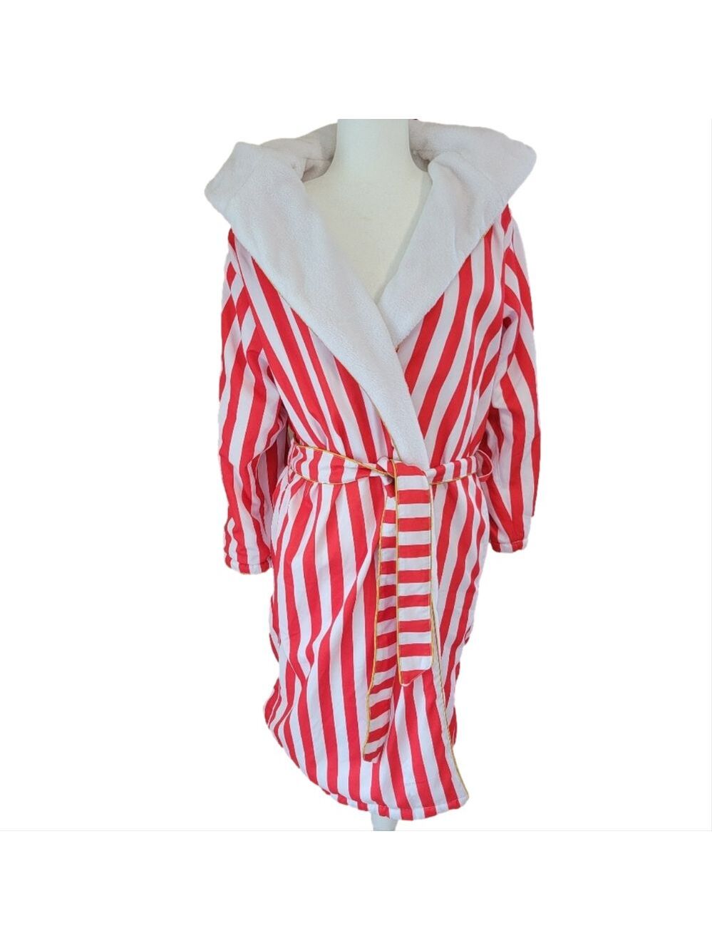 TRULY Red White Striped Luxery Hooded Sherpa Lined Robe with Tie Waist OS NWOT